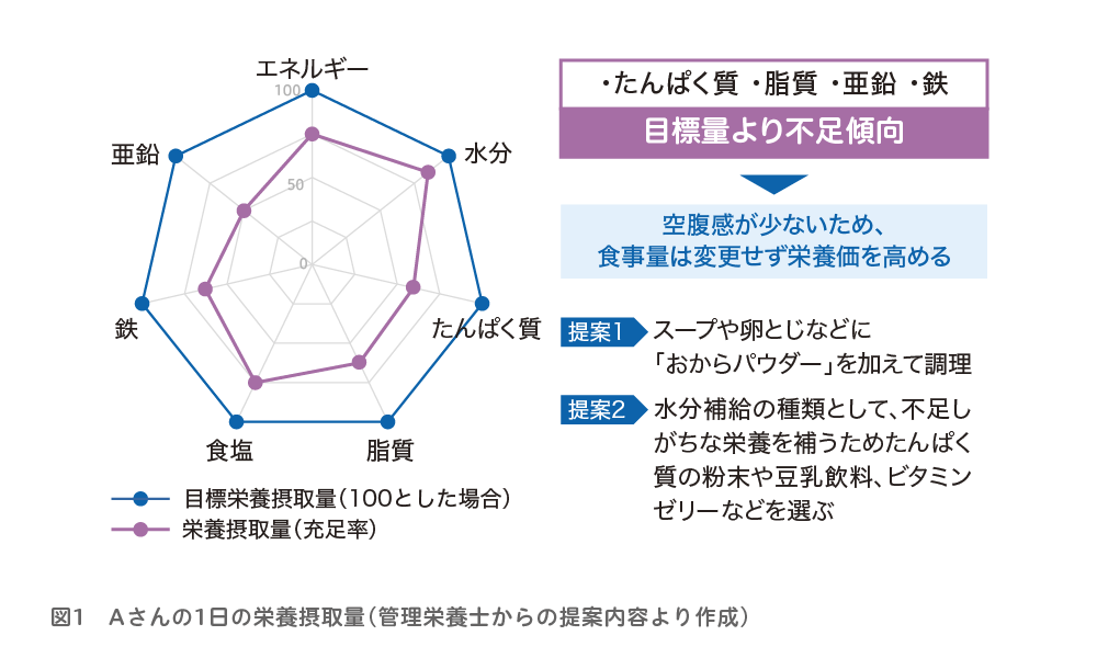 Aさんの1日の栄養摂取量(管理栄養士からの提案内容より作成)